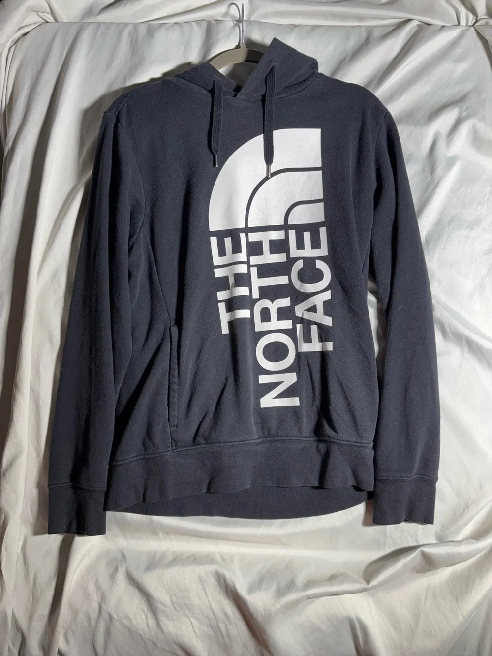 The North Face Men's Dark Gray Crewneck Hoodie with Large White Logo